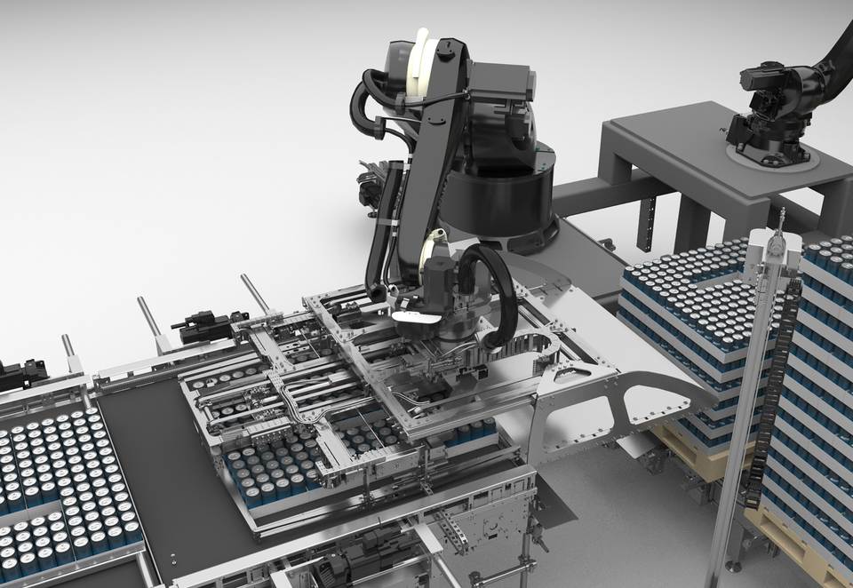The robot head pushes the layer onto the palletizing plate from all four sides for top-quality layer patterns.