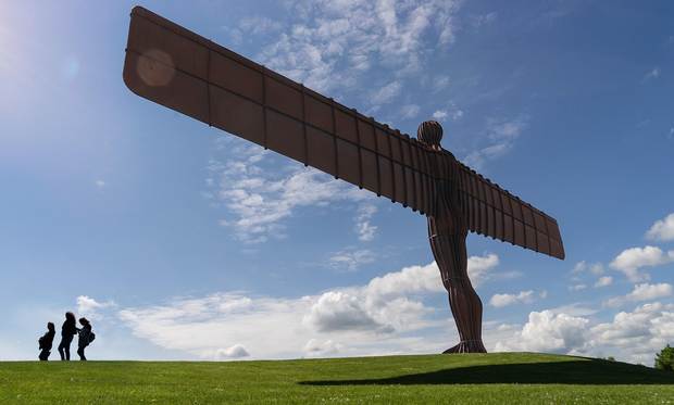 June 10,    2019 Gateshead, Great Britain, 11.44 am  LET GO  Where coal was once mined artist Antony Gormley’s Angel of the North now stands, visible for miles around. Erected in 1998 and with an impressive span of 54 meters, the rusty sculpture pays homage to Northern England’s industrial past.