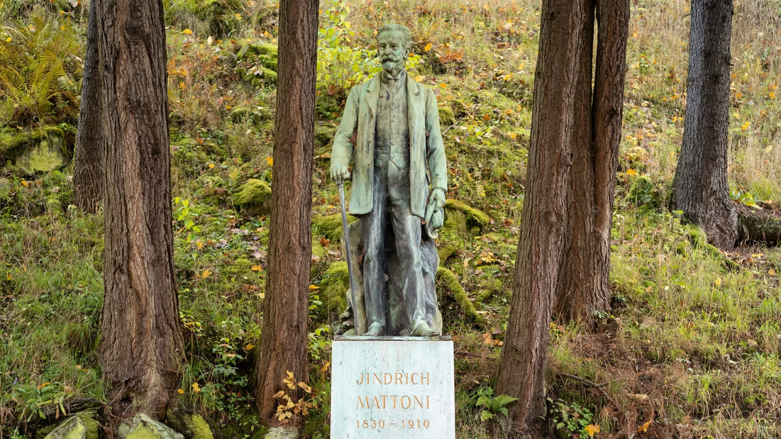 a statue of a man in a forest